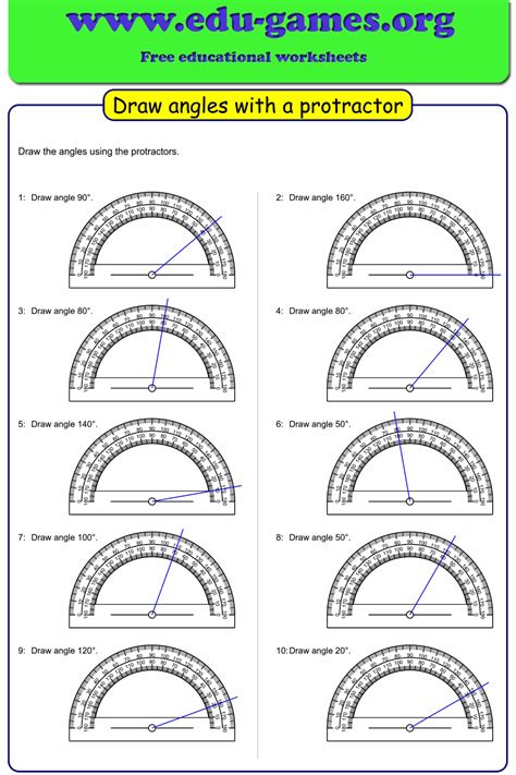 Draw angles with a protractor. Free worksheet with 10 problems. No need ...