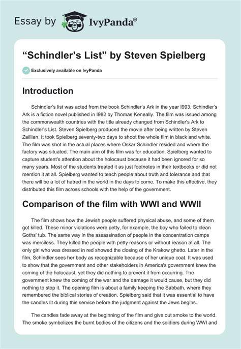 "Schindler's List" by Steven Spielberg - 591 Words | Movie Review Example