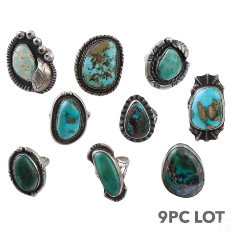 At Auction: Native American Indian Silver Turquoise Rings 9pc.