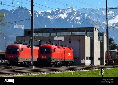 Two Austrian OeBB locomotives at the Swiss train station of Buchs SG, Switzerland CH Stock Photo ...