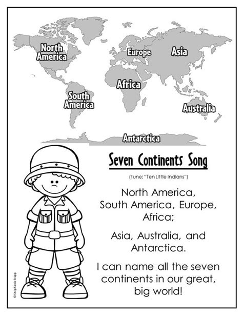 Free printable Seven Continents Song sung to the tune of "Ten Little ...