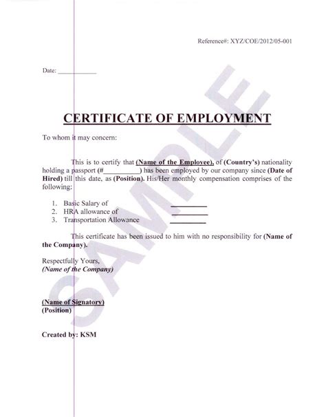 Certificate Of Employment Sample – certificates templates free