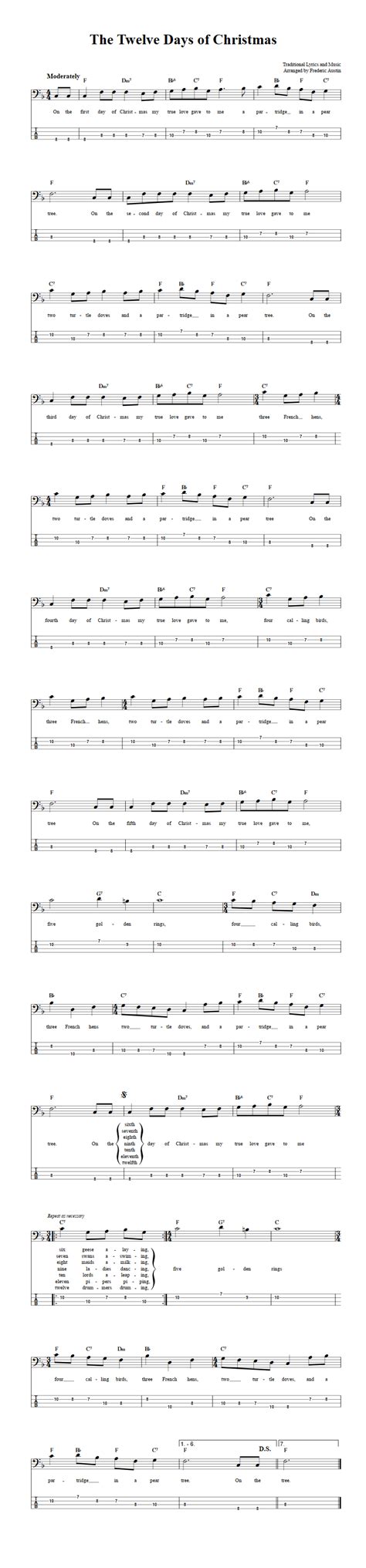 The Twelve Days of Christmas: Chords, Sheet Music, and Tab for Bass Guitar with Lyrics