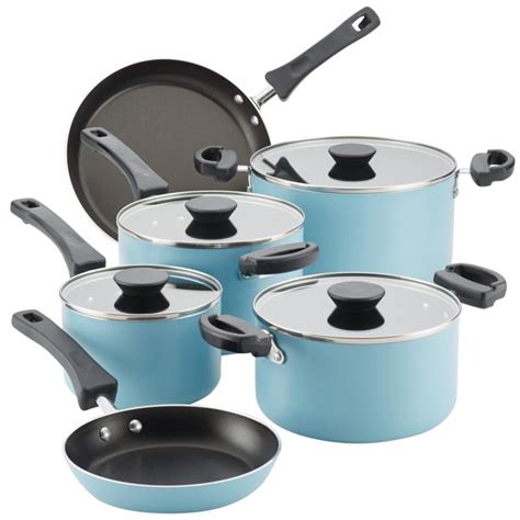 Farberware 10-Piece Neat Nest Space Saving Nonstick Pots and Pans Set/Cookware Set, Aqua ...