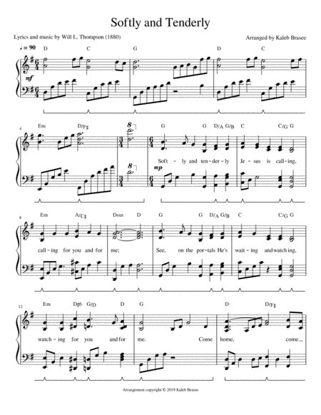 Softly and Tenderly - piano solo with lyrics and chords (arr. Kaleb Brasee) by Will L. Thompson ...