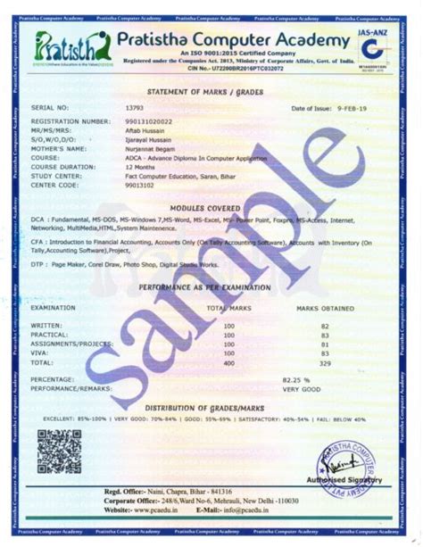 MARKSHEET SAMPLE – PCA EDU