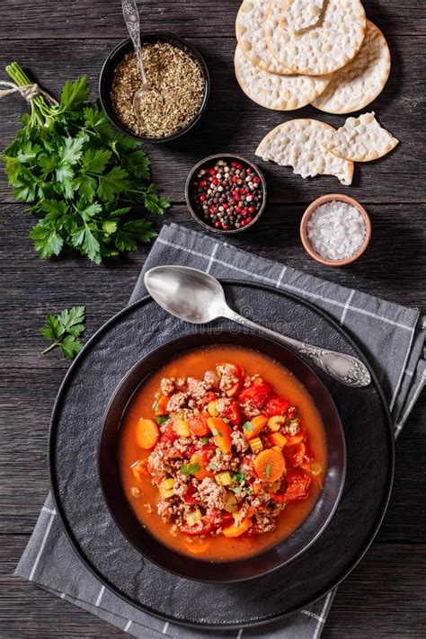 Hamburger Soup with Barley and Vegetables in Bowl Stock Photo - Image ...