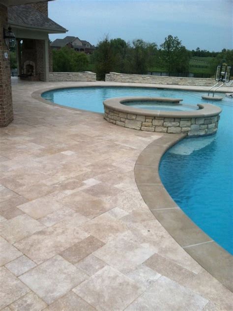 Resplendent Non-slip Pool Deck Tile with Travertine Tile Around Pool also Stacked Stone Hot Tub ...