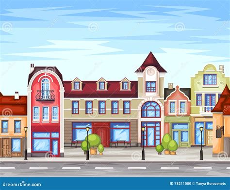 Small Town Street with Shop Stock Vector - Illustration of exterior ...