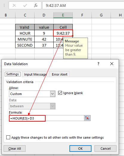 Data validation with specific Hour, Minute or Second in excel