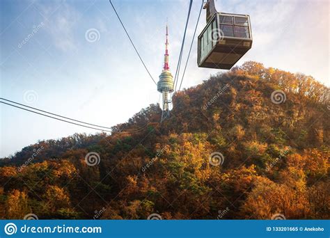 Cable car and seoul tower stock image. Image of landscape - 133201665