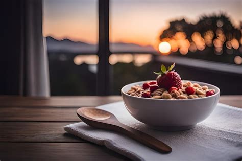 Premium AI Image | a bowl of cereal with a strawberry and a spoon on a ...