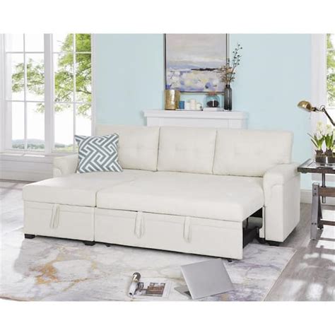 HOMESTOCK Cream Velvet Sectional Sleeper Sofa with Pull Out Bed ...