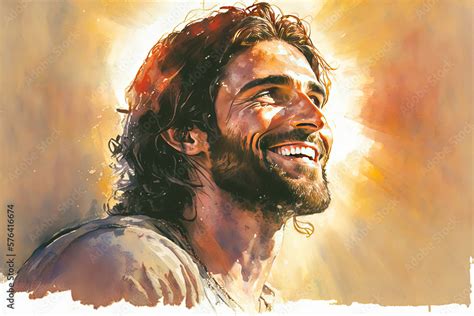 Realistic watercolor portrait of Jesus Christ smiling and illuminated by God. Christian and ...