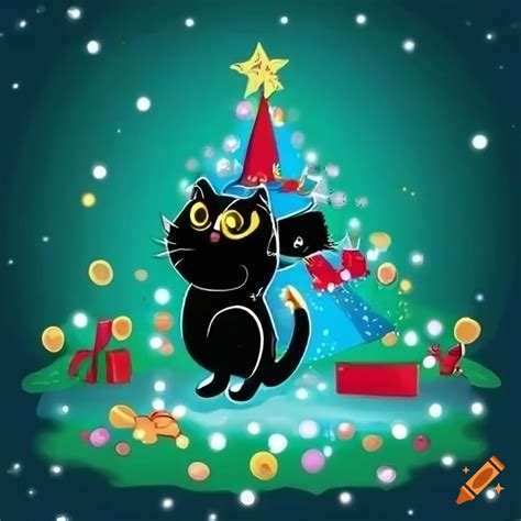 Cartoon black cat playing with a christmas tree