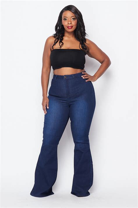 Plus Size High Waisted Stretchy Bell Bottom Jeans - Dark Denim ...