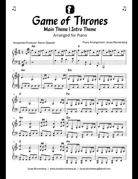 Game of Thrones (Main Theme / Intro Theme) - Piano Arrangement sheet ...