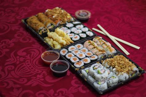 Take-away Delivery Sushi Box, Japanese, and Bowl of Soy Sauce Stock Photo - Image of hosomaki ...