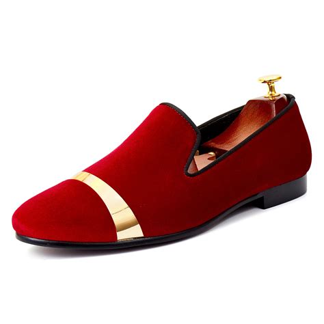 Harpelunde Gold Plate Men Dress Shoes Red Velvet Loafer Shoes Handmade Velvet Slippers Size 7 14 ...