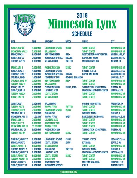 Minnesota Lynx Printable Schedule - Printable Schedule