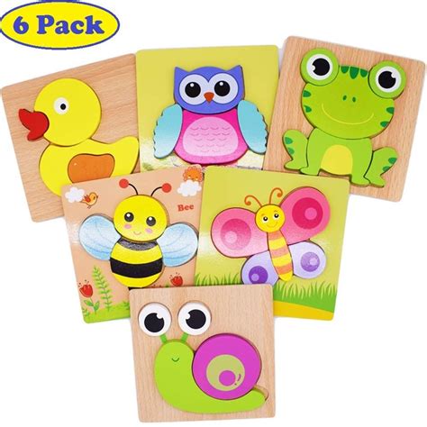 JX Wooden Jigsaw Puzzles, 6 Pack Animal Puzzles for Toddlers Kids 1-3 Years Old Educational Toys ...