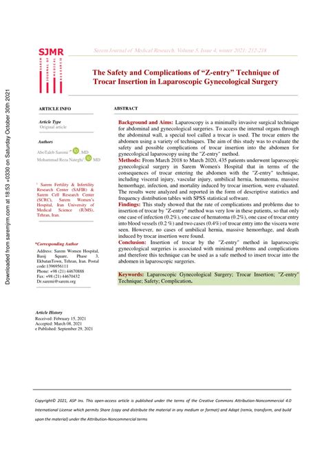 (PDF) The Safety and Complications of "Z-entry" Technique of Trocar Insertion in Laparoscopic ...