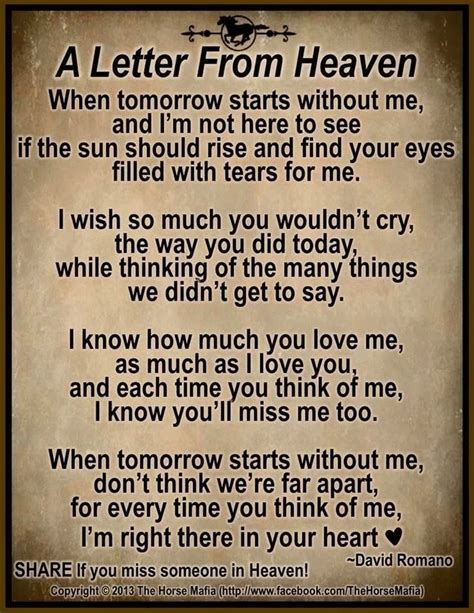 A Letter From Heaven When Tomorrow Starts Without Me And I'm Not ... | Heaven quotes, Letter ...