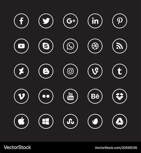 Social media white circular icons set Royalty Free Vector