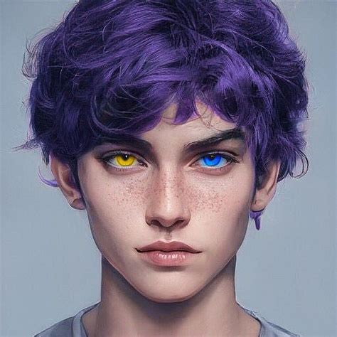 a woman with purple hair and blue eyes has yellow eyeliners on her face