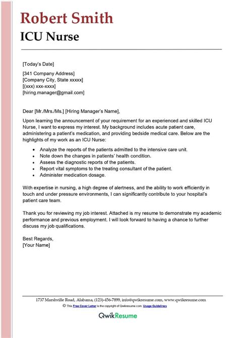 ICU Nurse Cover Letter Examples - QwikResume