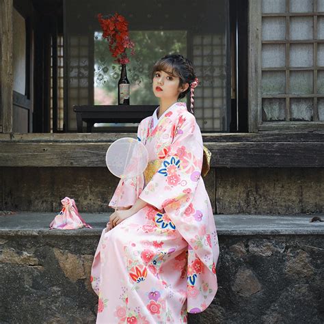 Japanese Women's Yukata Improved kimono Robe Photography Dress Cosplay Costume Pink Color flower ...