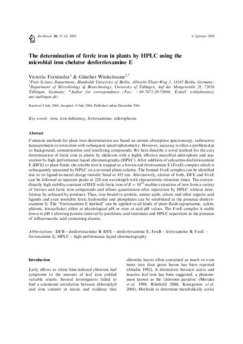 (PDF) The determination of ferric iron in plants by HPLC using the microbial iron chelator ...