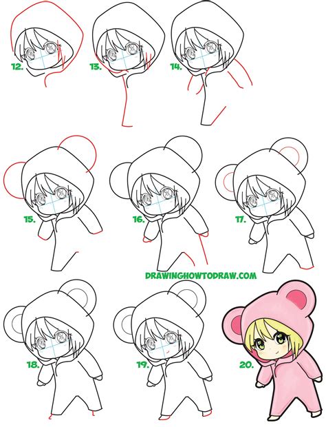 Learn How to Draw a Cute Chibi Girl Dressed in a Hooded Bear Onesie Costume with Easy Steps ...