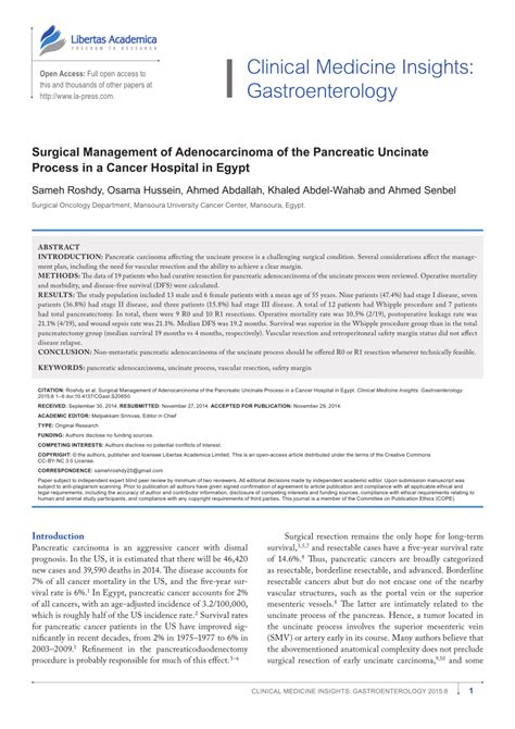 (PDF) Surgical Management of Adenocarcinoma of the Pancreatic Uncinate Process in a Cancer ...