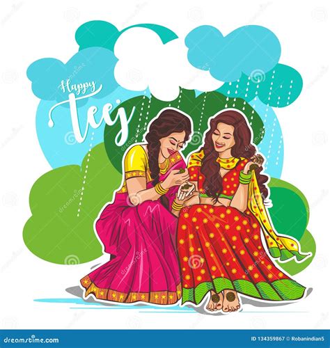 Teej Celebration in India Beautiful Indian Women& Illustration Stock Vector - Illustration of ...