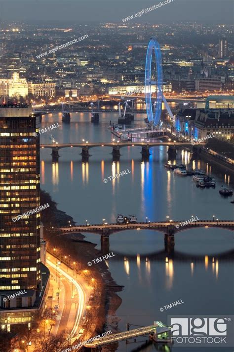 Aerial view of The Thames and London Eye at night, London, UK, Stock Photo, Picture And Rights ...