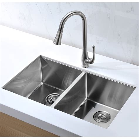 Vanguard Undermount Stainless Steel 32 in. 0-Hole 50/50 Double Bowl Kitchen Sink in Brushed ...