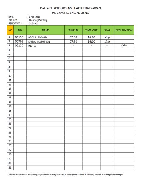 Contoh Absensi Karyawan Harian Manual – Gudang Materi Online