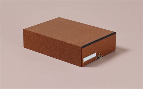 Hardback archival box with drawer and chrome label holder, mottled bro ...