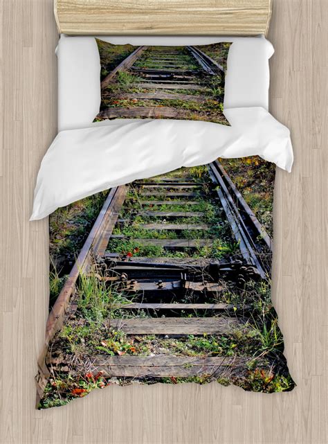 Train Track Duvet Cover Set, Nostalgic Journey Photo of Old Rustic Abounded Railway in Floral ...