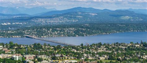 Aerial and remote view of Seattle (Leschi) with the Lacey V Murrow Bridge over Lake Washington ...