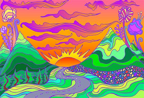 Retro Hippie Style Psychedelic Landscape With Mountains Sun And The Road Going Into The Sunset ...