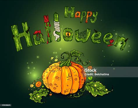 Halloween Pumpkin Background Design Green Monster Text Creative Halloween Logo On Dark Green ...