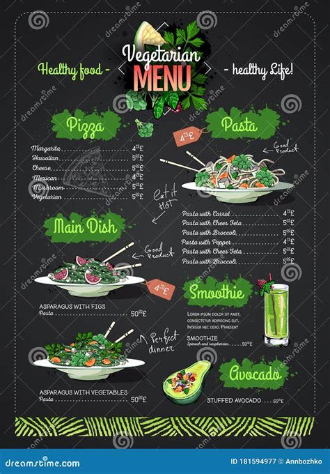 Vegetarian Menu Design with Vegan Meals. Restaurant Menu Stock Vector - Illustration of broccoli ...