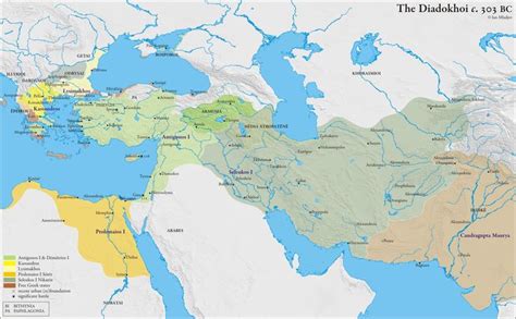 Map of the Diadochi Kingdoms circa 303 BC. After Alexander died in 323 BC, his massive empire ...