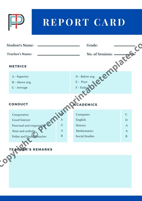 Report Card Blank Printable Template PDF, Word