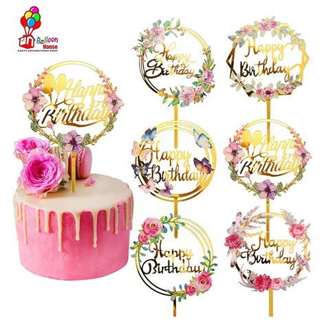 Happy Birthday Cake Toppers Gold Flower Acrylic Cake Toppers Acrylic ...