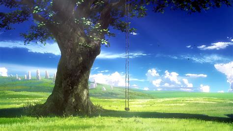 Tree Green Grass Field Blue Sky Anime Background HD Anime Background Wallpapers | HD Wallpapers ...