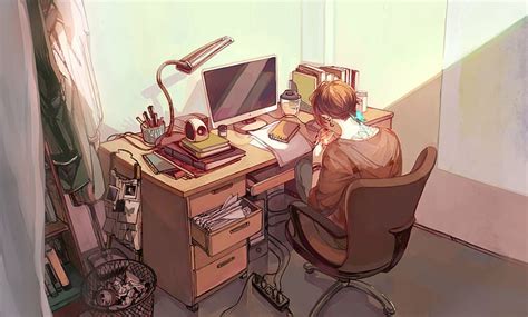 HD wallpaper: Anime, Original, Bedroom, Boy, Computer, Desk | Wallpaper ...