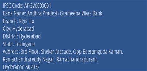 IFSC Code APGV0000001 Andhra Pradesh Grameena Vikas Bank, Rtgs Ho, Hyderabad, Telangana